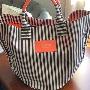 Henri Bendel Brown and White Striped Tote Bag. NEW.